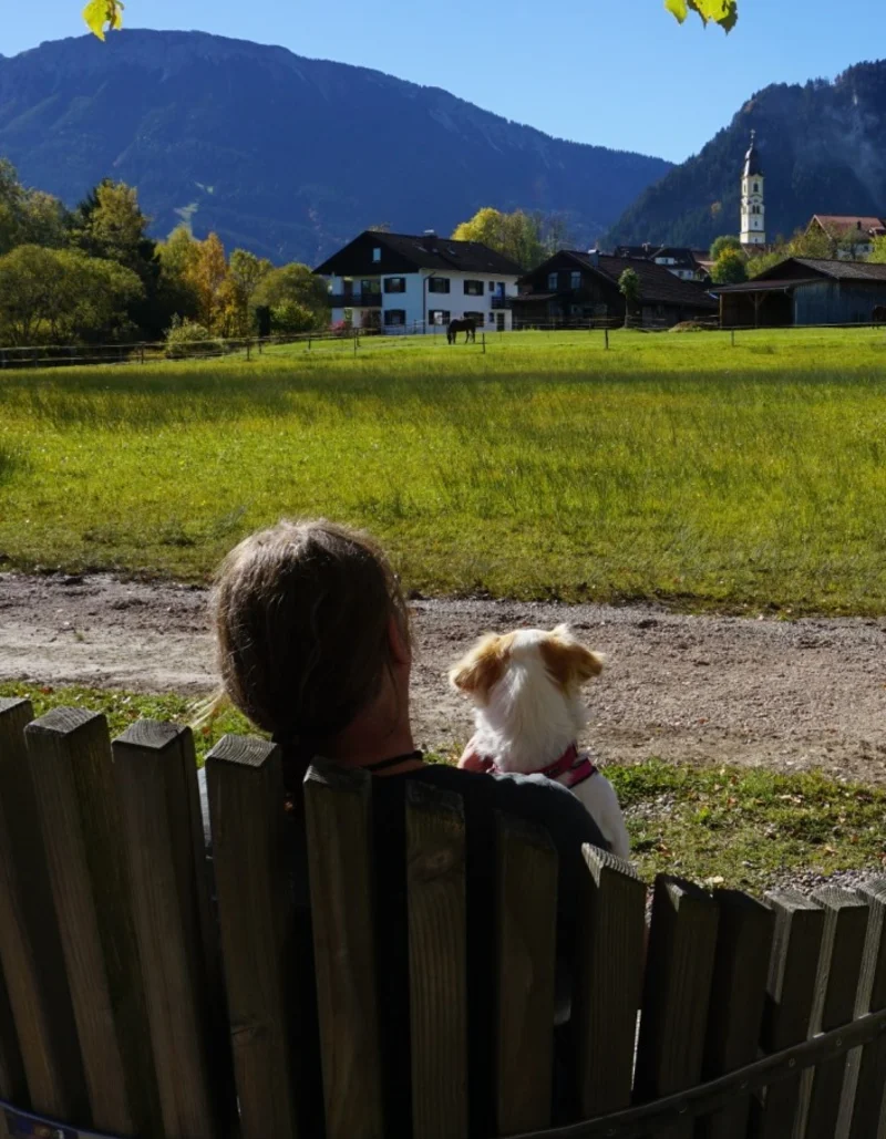 Die schönsten Ferienwohnungen & Hotels mit dem Hund Eine Person sitzt mit ihrem Hund auf einer Bank und genießt die Aussicht auf grüne Wiesen, den Pfrontener Ortskern und die Bergkulisse.