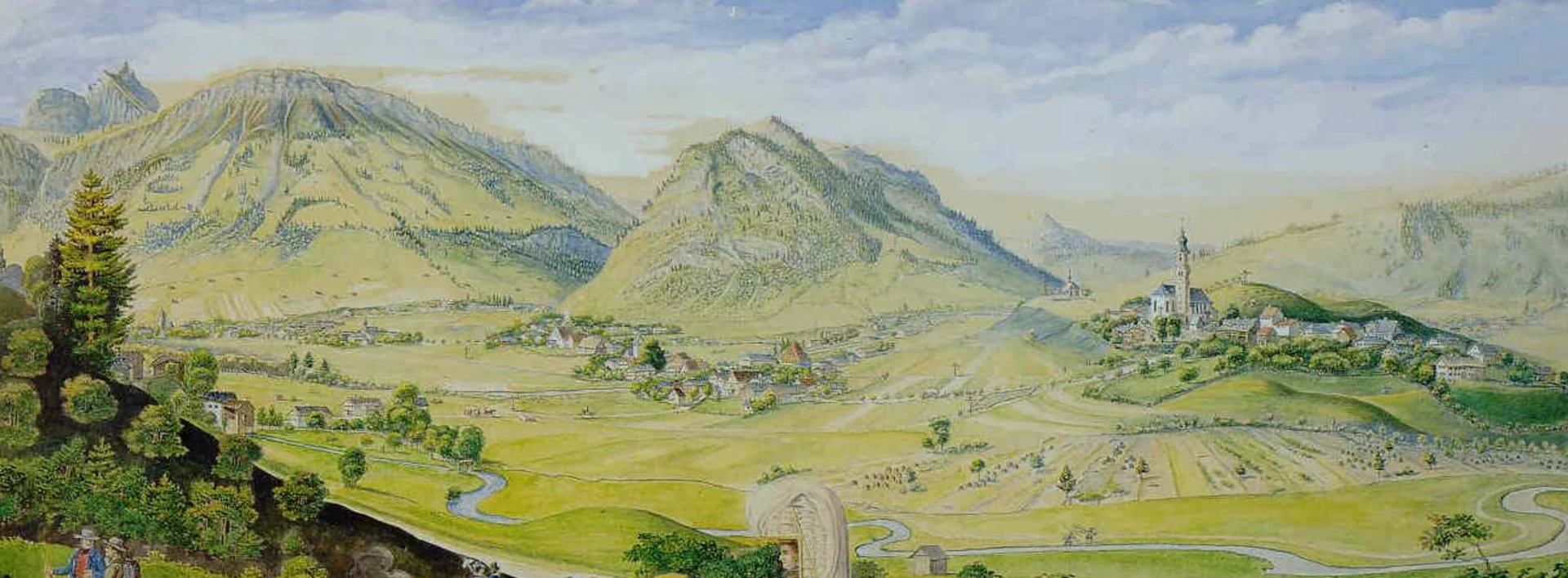 Kolorierter Stich des Pfrontener Tals um 1850, Landschaftsmaler Engelbert Geisenhof Der kolorierte Stich des Landschaftsmalers Engelbert Geisenhof zeigt das Pfrontener Tal um 1850.