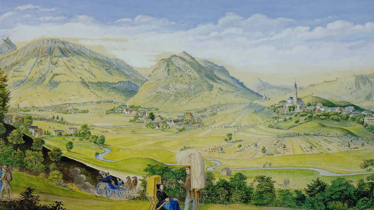 Kolorierter Stich des Pfrontener Tals um 1850, Landschaftsmaler Engelbert Geisenhof Der kolorierte Stich des Landschaftsmalers Engelbert Geisenhof zeigt das Pfrontener Tal um 1850.