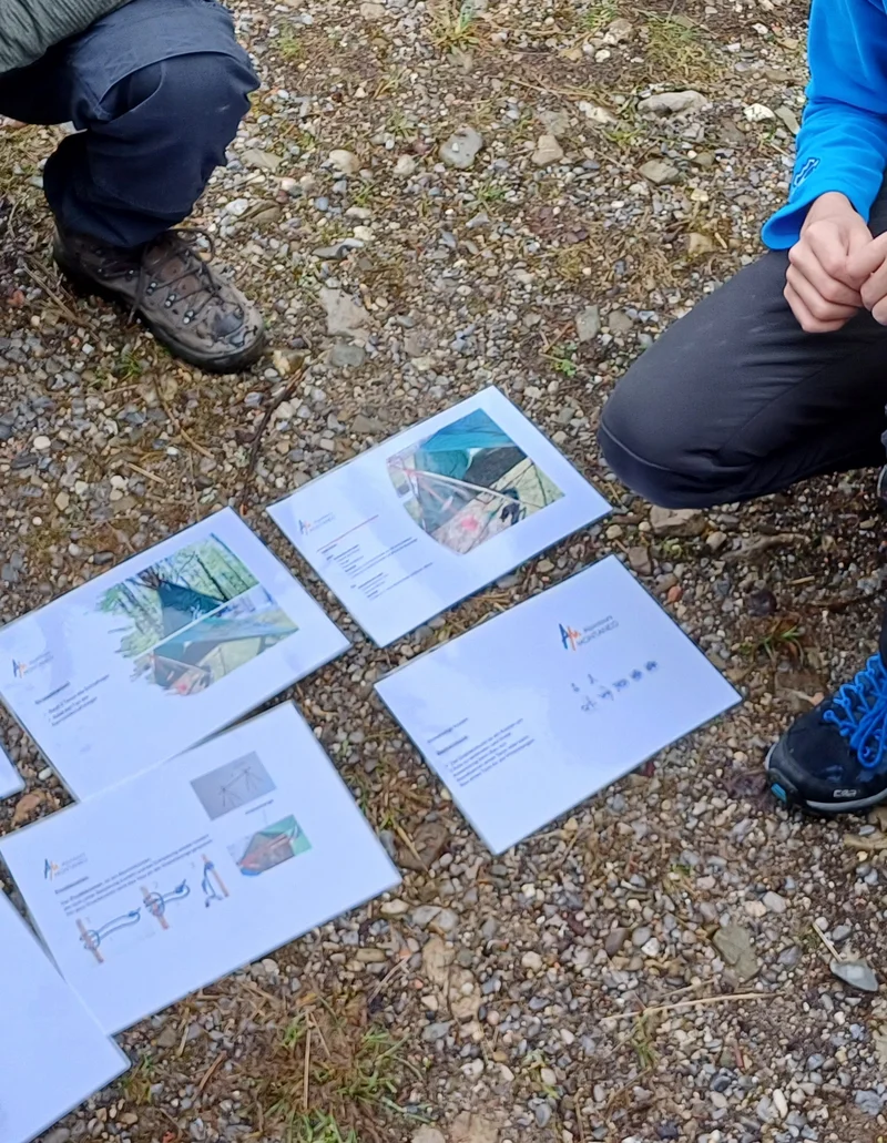 Wildnis Survival Wochenende ©A. Grotz Mehrere Personen stehen im Kreis, in der Mitte liegen verschiedene Aufgabenblätter auf dem Boden.