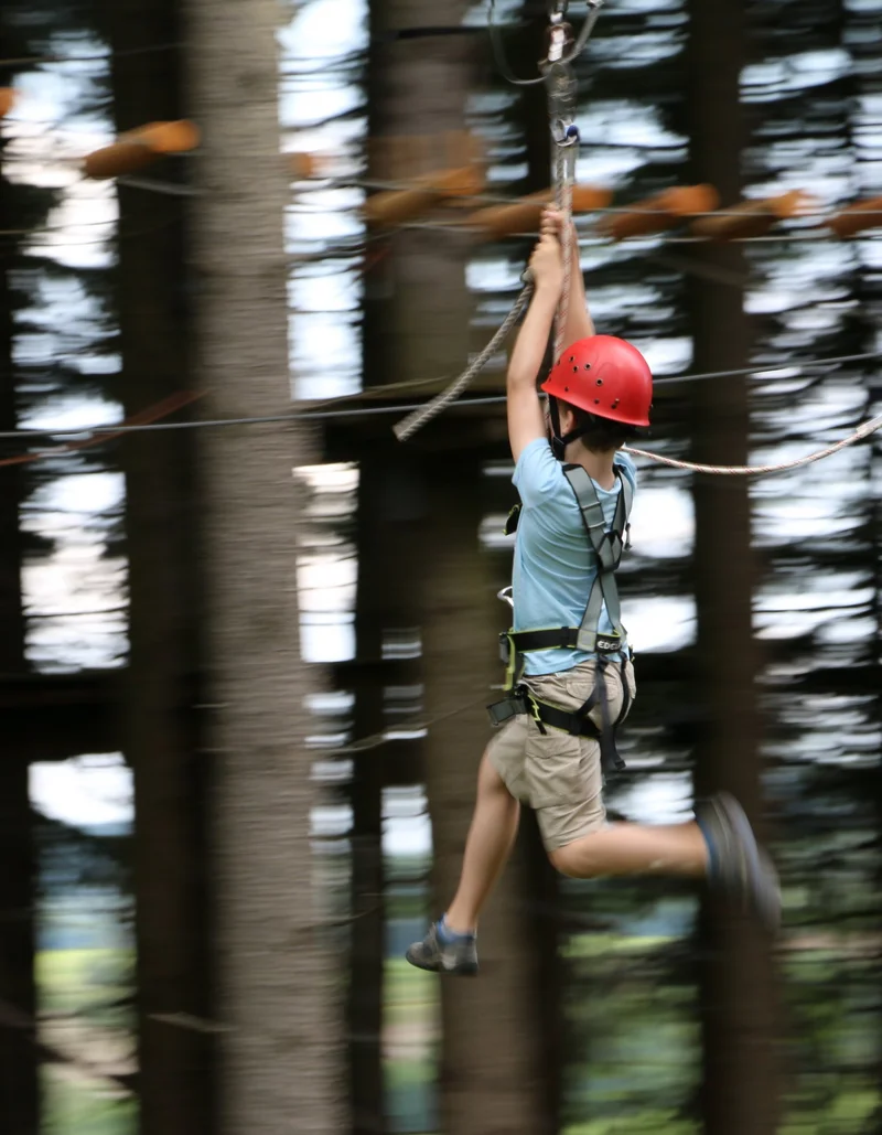 Action im Waldseilgarten Höllschlucht Ein Kletterer im Waldseilgarten Höllschlucht.