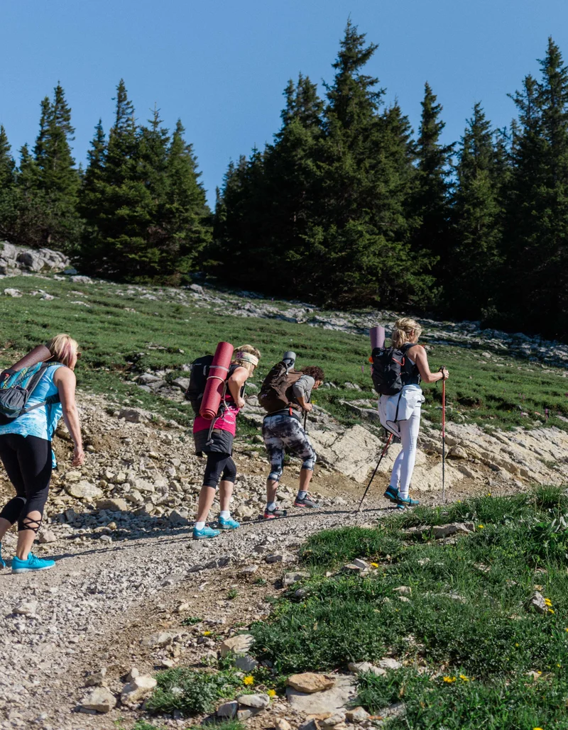 Gemeinsam Wandern Eine Gruppe auf dem Weg zum Yoga am Berg.