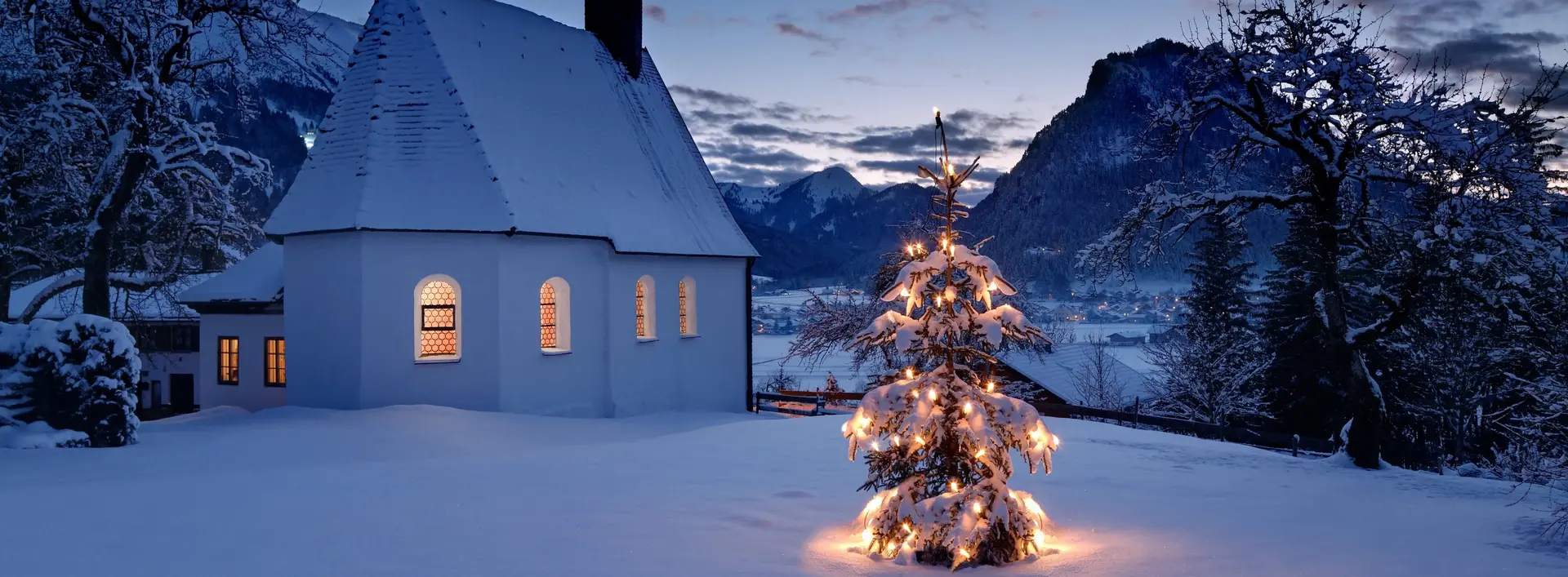 Beleuchteter Christbaum im idyllisch verschneiten Pfronten-Meilingen. 