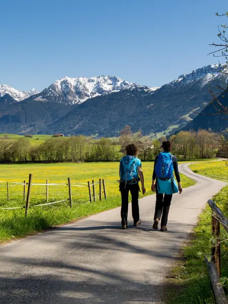 Zwei Wanderer auf einem schönen Weg durch das frühlingshafte Pfrontener Tal mit Blick auf die weißen Berggipfel.