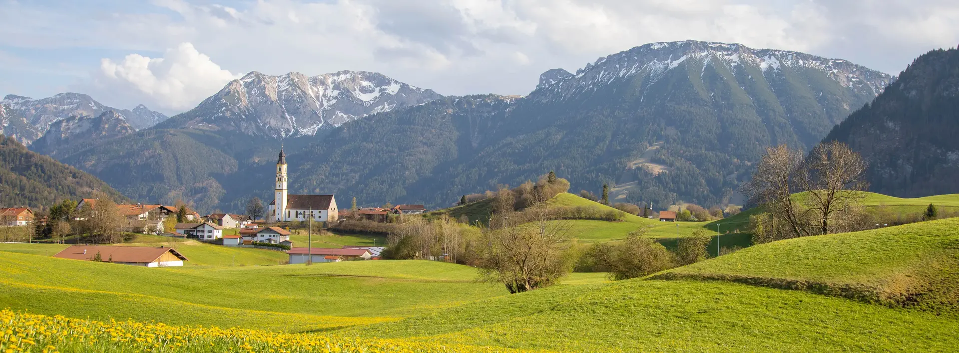 Sonniger Panoramablick auf eine grüne Wiesenlandschaft in Pfronten.